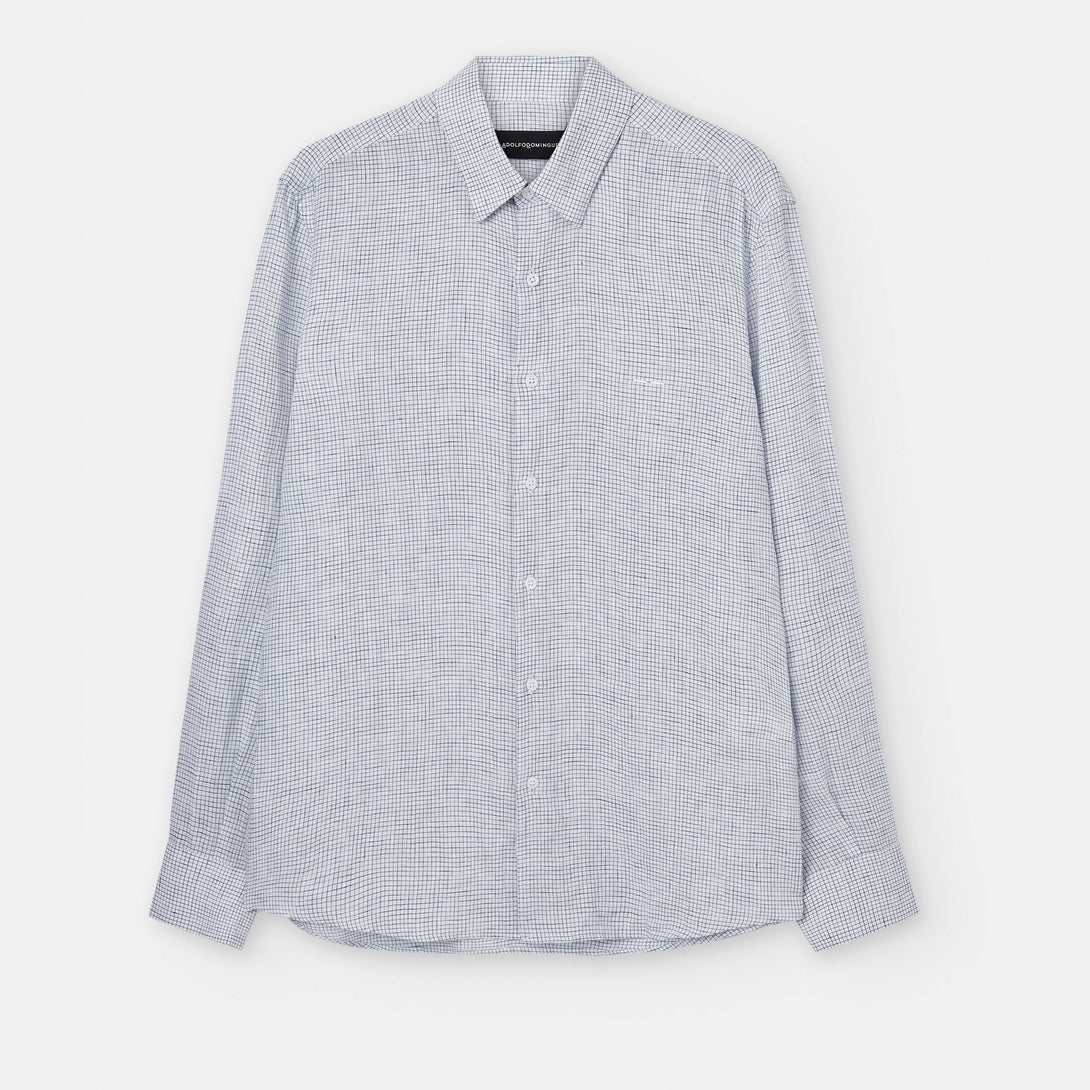 Men Shirt | Blue Check Printed Linen Lapel Collar Shirt by Spanish designer Adolfo Dominguez