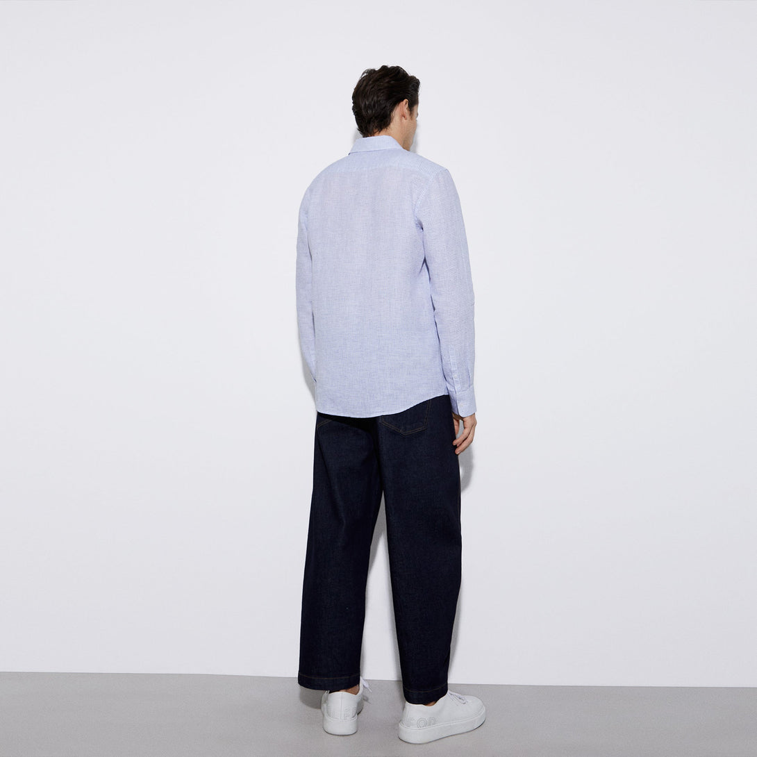 Men Shirt | Blue Check Printed Linen Lapel Collar Shirt by Spanish designer Adolfo Dominguez