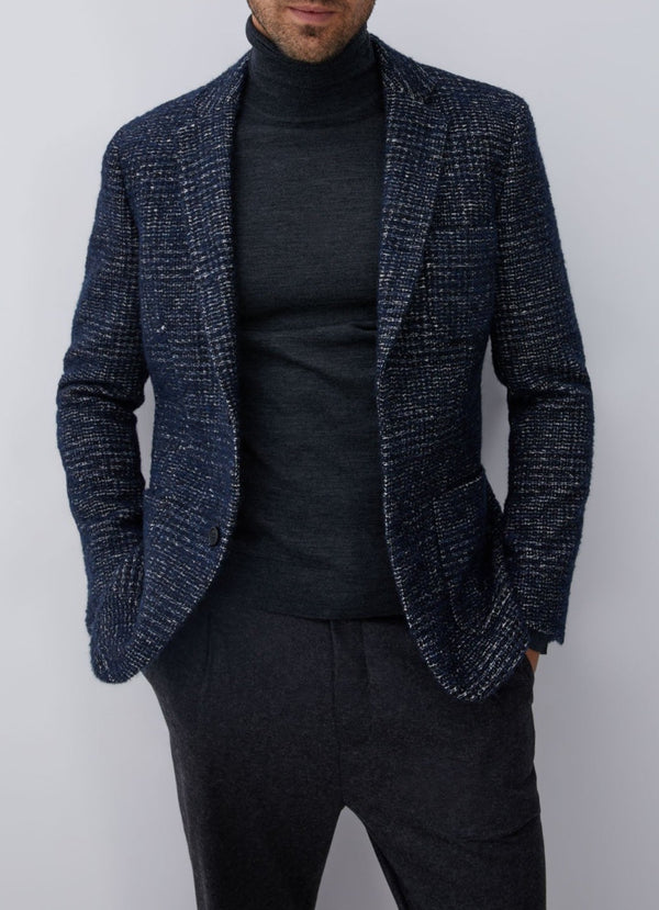 Men Structured Jacket | Blue Checked Wool Blend Blazer by Spanish designer Adolfo Dominguez