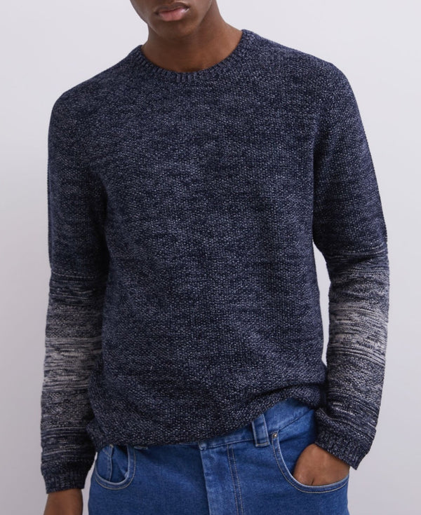 Men Jersey | Blue Combined Cotton Crew Neck Sweater by Spanish designer Adolfo Dominguez