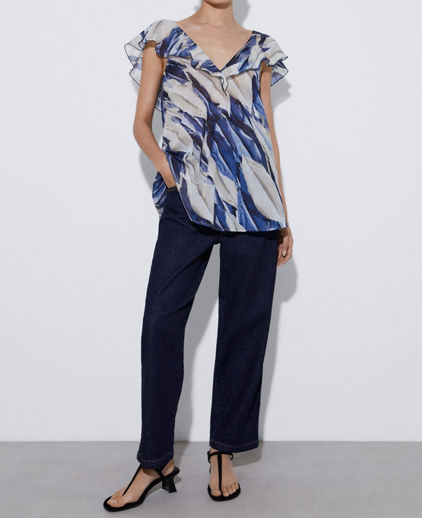 Women Top | Blue Cotton Flared Shirt by Spanish designer Adolfo Dominguez