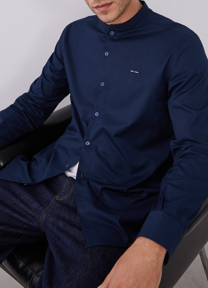 Men Shirt | Blue Cotton Shirt With Mandarin Collar by Spanish designer Adolfo Dominguez
