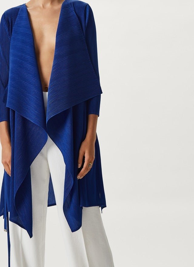 Women Structured Jacket | Blue Crinkle Coat With Asymmetric Hem by Spanish designer Adolfo Dominguez