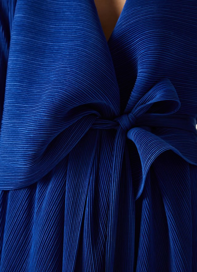 Women Structured Jacket | Blue Crinkle Coat With Asymmetric Hem by Spanish designer Adolfo Dominguez