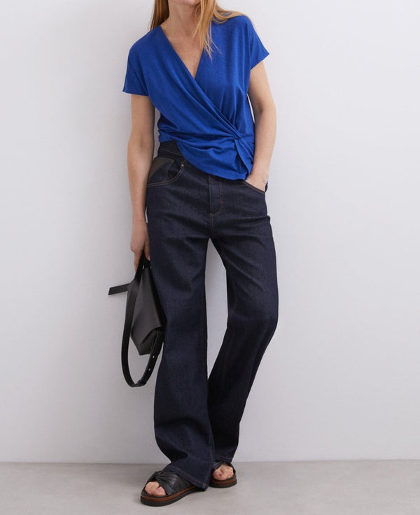 Women T-Shirt (Short Sleeve) | Blue Elastic Linen T-Shirt by Spanish designer Adolfo Dominguez