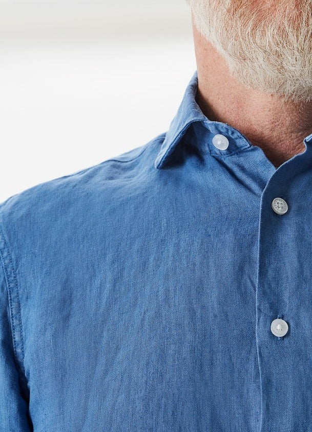 Men Long-Sleeve Shirt | Blue Garment Dye Linen Cutaway Shirt by Spanish designer Adolfo Dominguez