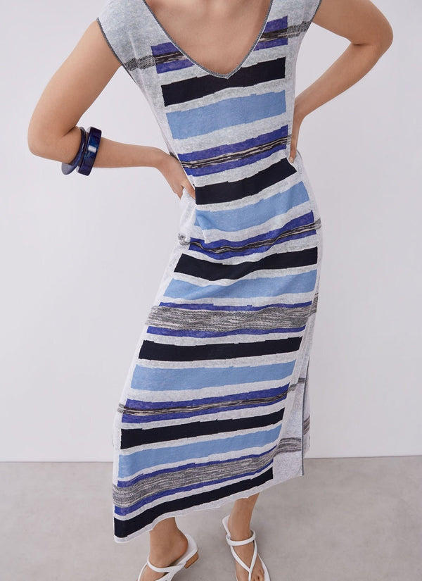 Women Dress | Blue Long Striped Linen Dress by Spanish designer Adolfo Dominguez