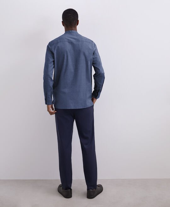 Men Shirt | Blue Mandarin Collar Henley Cotton Shirt by Spanish designer Adolfo Dominguez