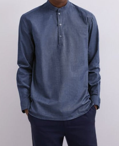 Men Shirt | Blue Mandarin Collar Henley Cotton Shirt by Spanish designer Adolfo Dominguez