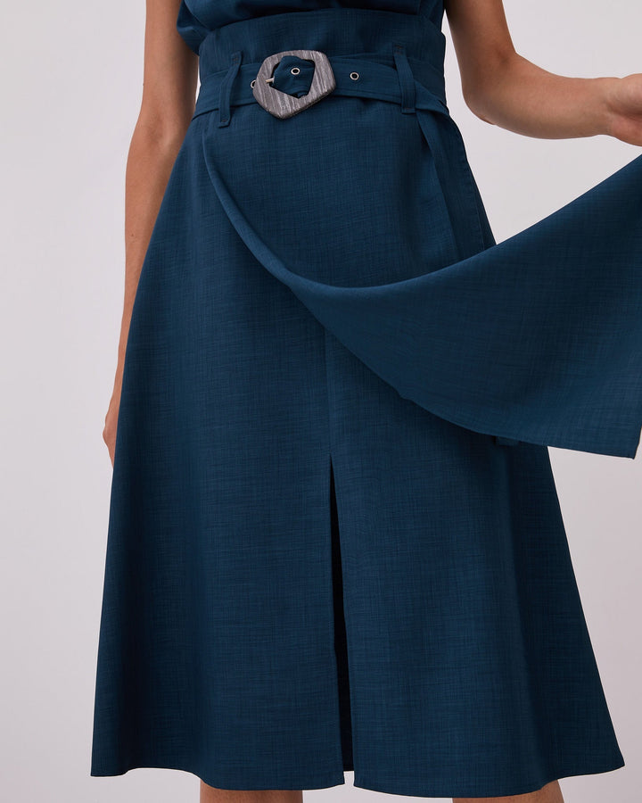 Women Skirt | Blue Midi Skirt With Overlayer And Belt by Spanish designer Adolfo Dominguez