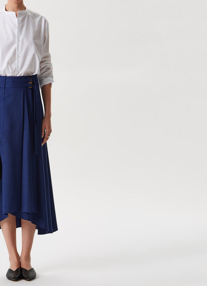 Women Skirt | Blue Midi Skirt With Waist Buckles by Spanish designer Adolfo Dominguez