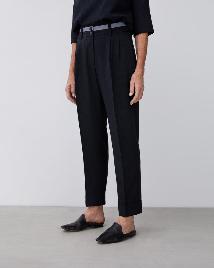 Women Trousers | Blue Pinstriped Trousers With Darts by Spanish designer Adolfo Dominguez