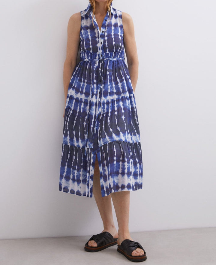 Women Dress | Blue Print Shibori Shirt Collar Dress by Spanish designer Adolfo Dominguez