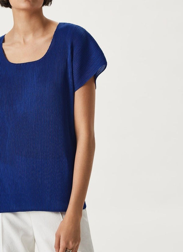 Women Short Sleeved Shirt | Blue Short Sleeve Top With Square Neckline by Spanish designer Adolfo Dominguez