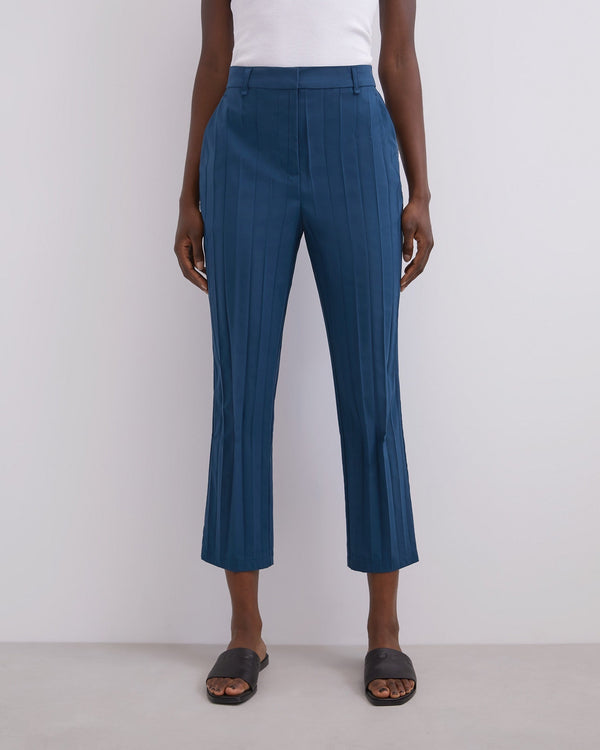 Women Trousers | Blue Straight Cut Crinkle Trousers by Spanish designer Adolfo Dominguez