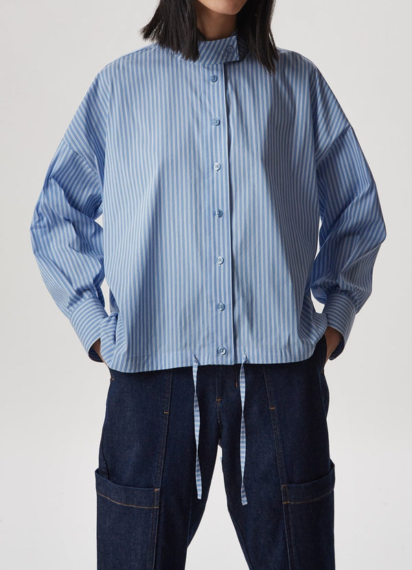 Women Shirt | Blue Stripe Elastic Cotton Shirt With Hem Gatherin by Spanish designer Adolfo Dominguez
