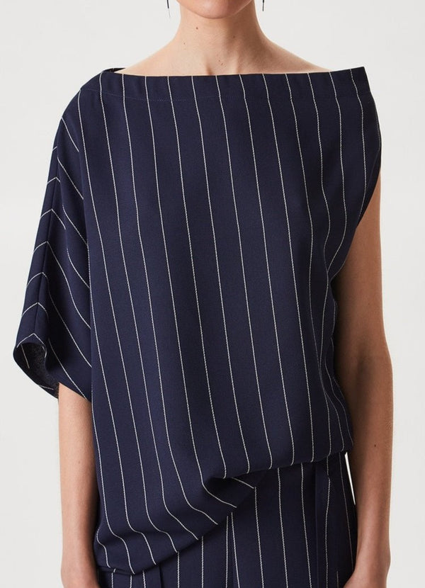 Women Top | Blue Stripe Pinstripe Asymmetric Top by Spanish designer Adolfo Dominguez