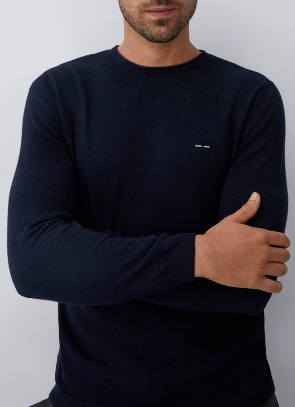 Men Jersey | Blue Sweater With Roll Edge Crew Collar by Spanish designer Adolfo Dominguez