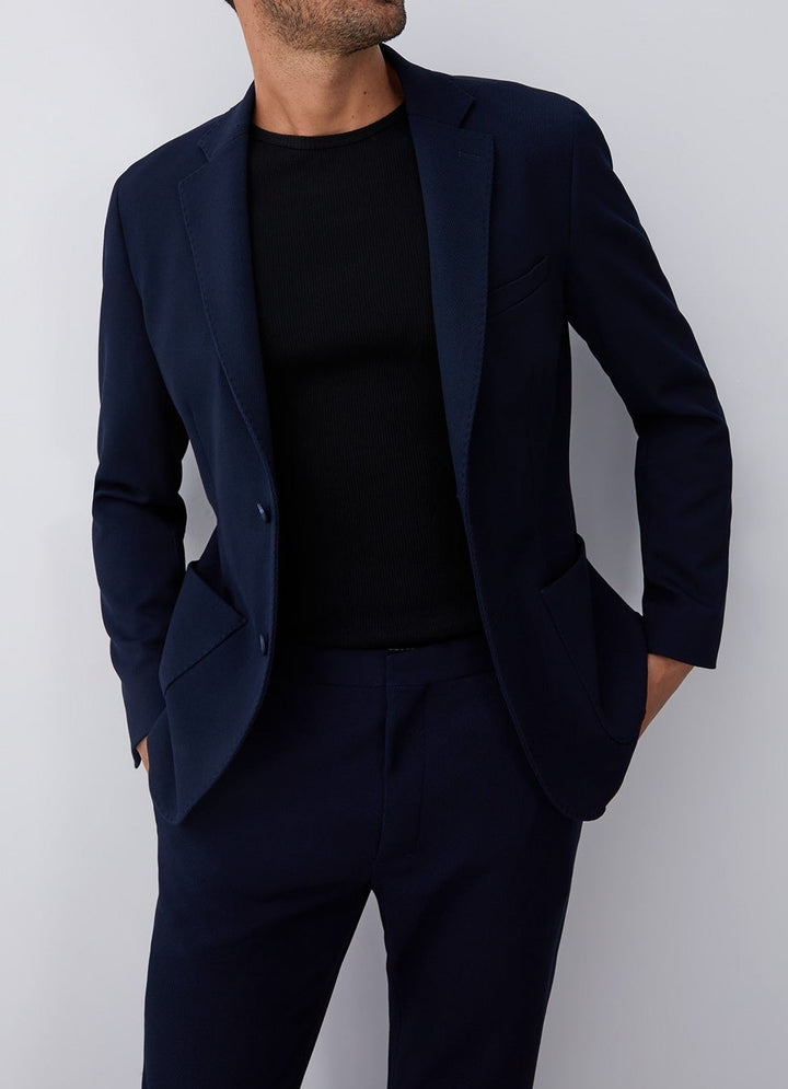 Men Structured Jacket | Blue Textured Twill Blazer Jacket by Spanish designer Adolfo Dominguez