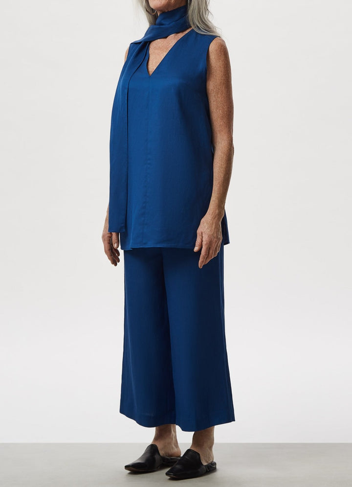 Women Top | Blue Viscose And Linen Top With Scarf by Spanish designer Adolfo Dominguez