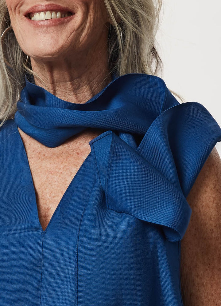 Women Top | Blue Viscose And Linen Top With Scarf by Spanish designer Adolfo Dominguez