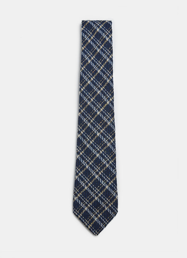 Men Tie | Blue/Ecru Wool Tie With Mini-Check Design by Spanish designer Adolfo Dominguez