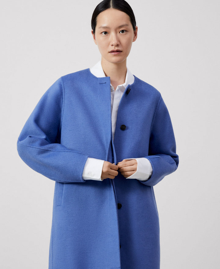 Women Coat | Blue/Grey Double Face Long Coat by Spanish designer Adolfo Dominguez