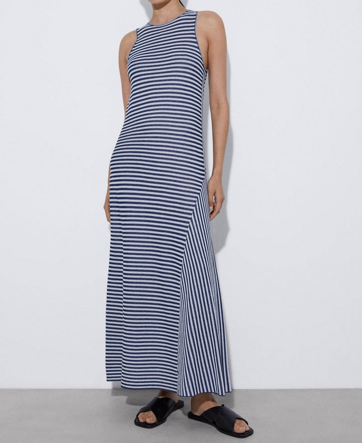 Women Dress | Blue/White Striped Long Dress In Viscose by Spanish designer Adolfo Dominguez