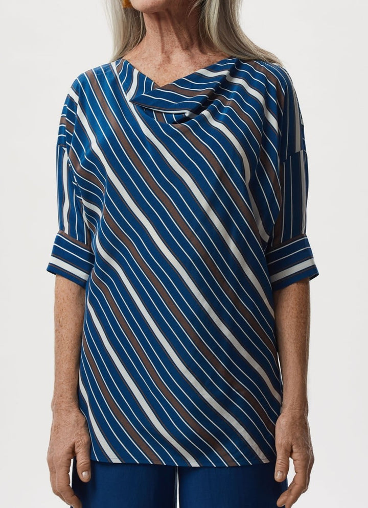 Women Shirt | Blue/White Viscose Shirt With Draped Necklin by Spanish designer Adolfo Dominguez
