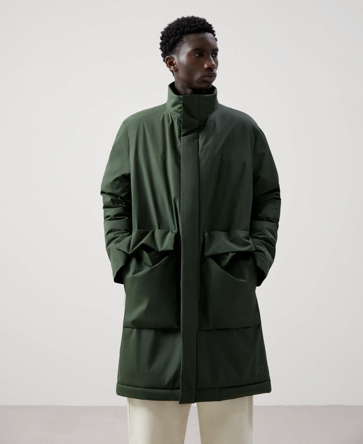 Men Long Jacket | Bottle Green Padded Nylon Coat by Spanish designer Adolfo Dominguez