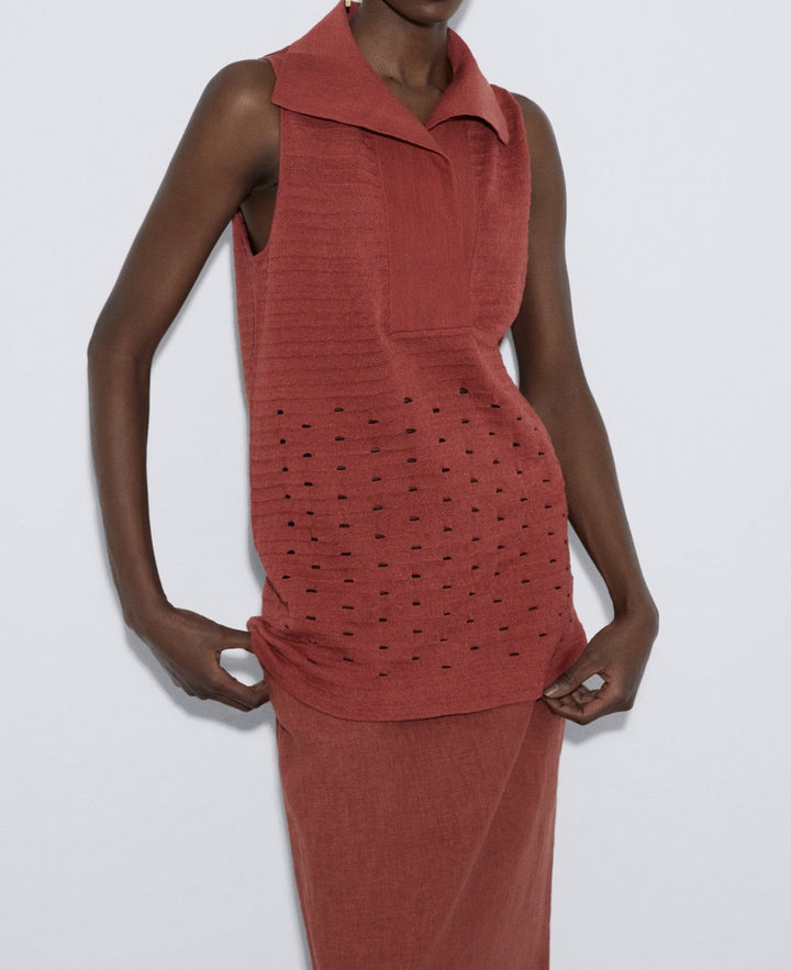 Women Jersey | Brick Red Linen Knitted Openwork Top by Spanish designer Adolfo Dominguez