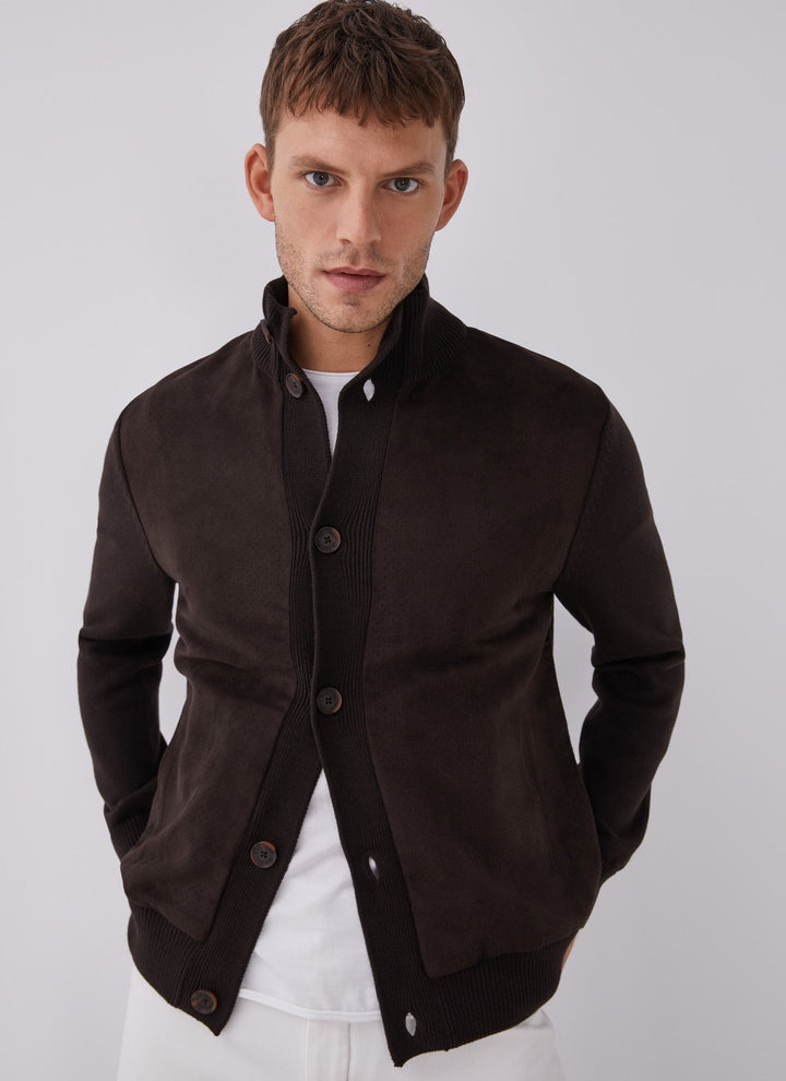 Men Knit Jacket | Brown Buttoned Cardigan With Suedette Front by Spanish designer Adolfo Dominguez