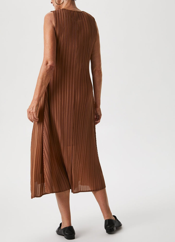Women Dress | Brown Midi Dress With Crew Neckline by Spanish designer Adolfo Dominguez
