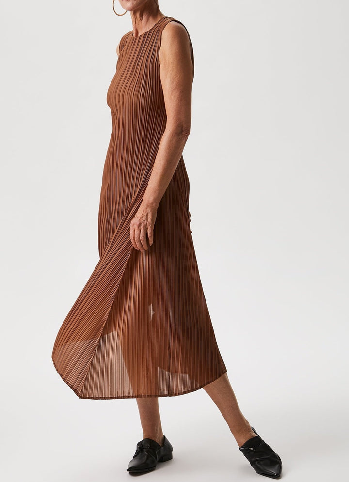 Women Dress | Brown Midi Dress With Crew Neckline by Spanish designer Adolfo Dominguez