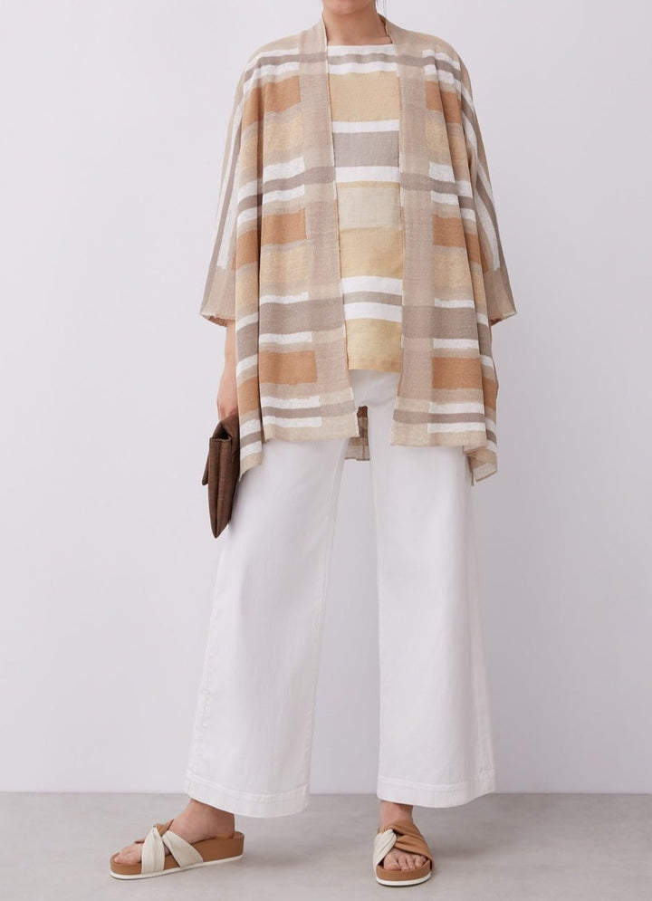 Women Long Jacket | Brown Stripe Linen & Viscose Kimono Jacket by Spanish designer Adolfo Dominguez