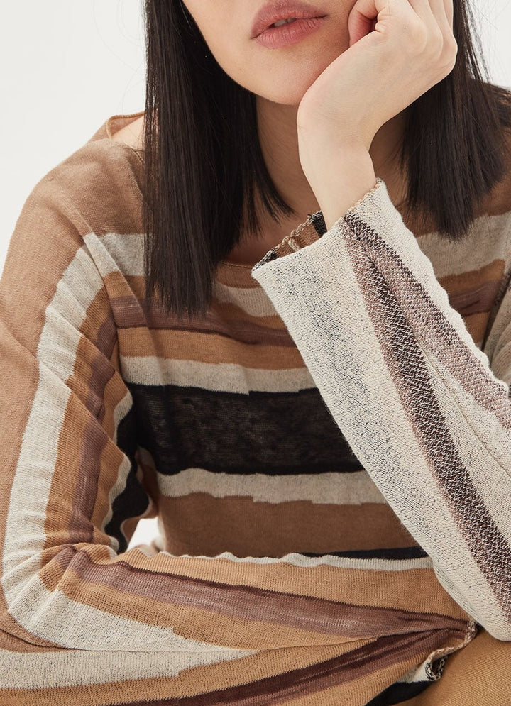 Women Jersey | Brown Stripe Striped Linen & Viscose Sweater by Spanish designer Adolfo Dominguez
