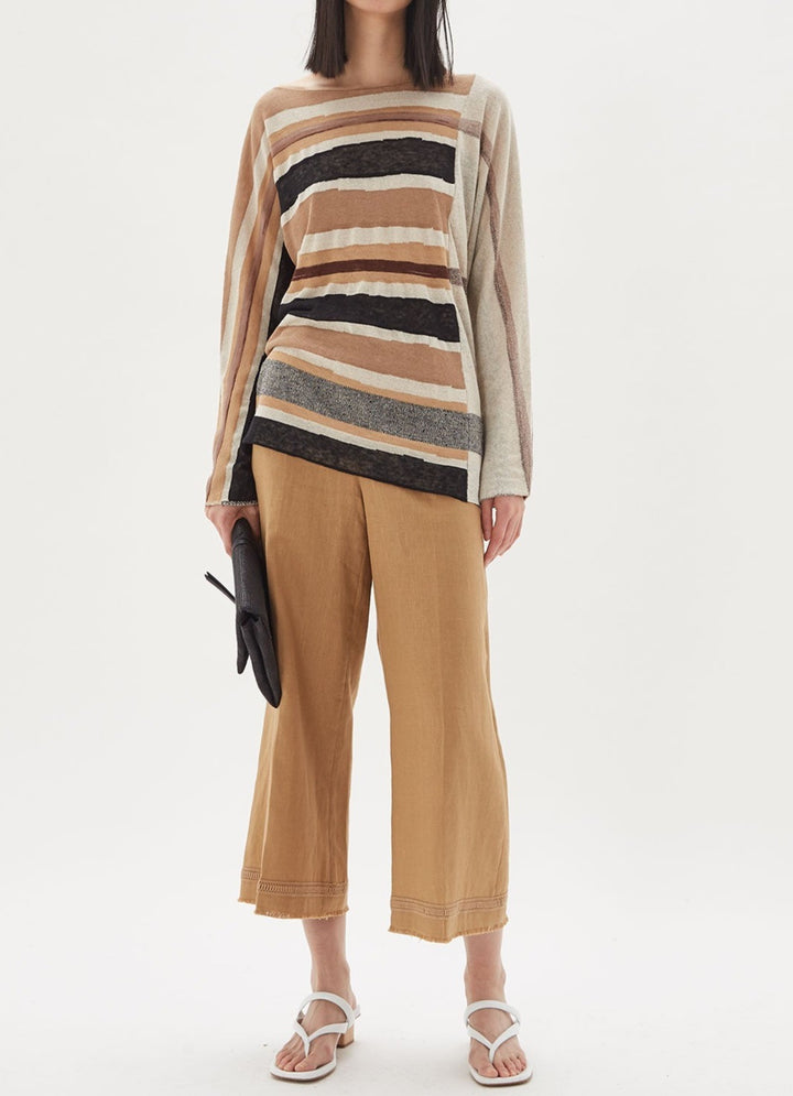 Women Jersey | Brown Stripe Striped Linen & Viscose Sweater by Spanish designer Adolfo Dominguez