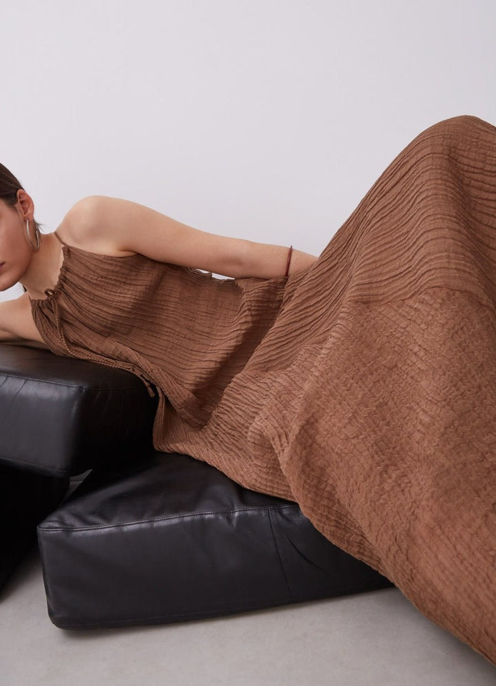 Women Dress | Brown Wrinkled Dress With Halter Neckline by Spanish designer Adolfo Dominguez