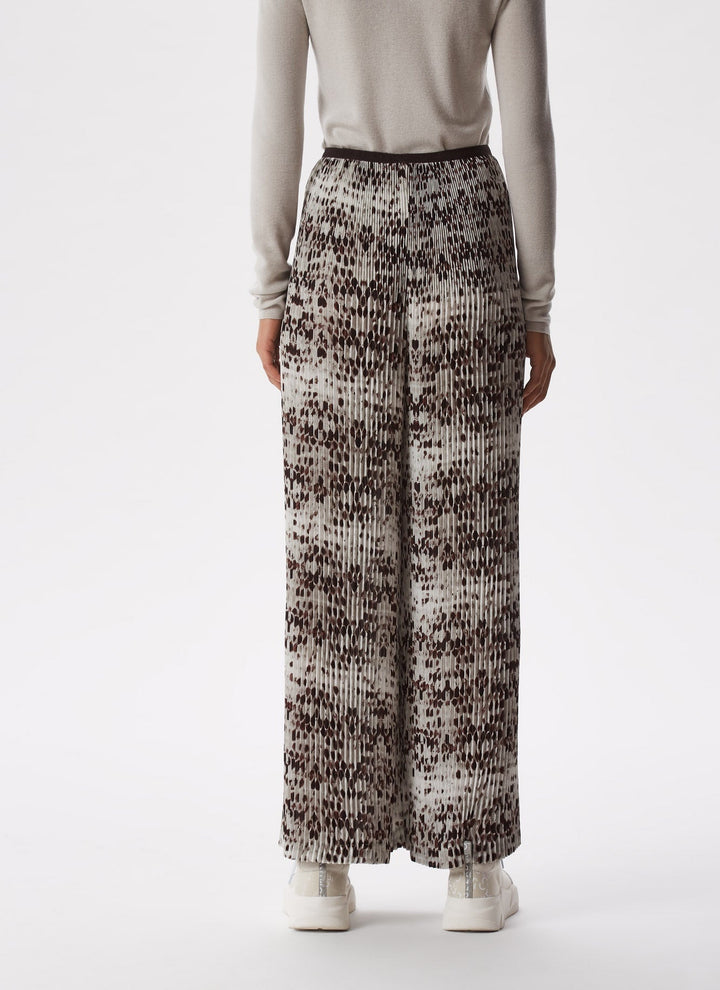 Women Trousers | Brown/Ecru Crinkle Trousers With Signature Print by Spanish designer Adolfo Dominguez