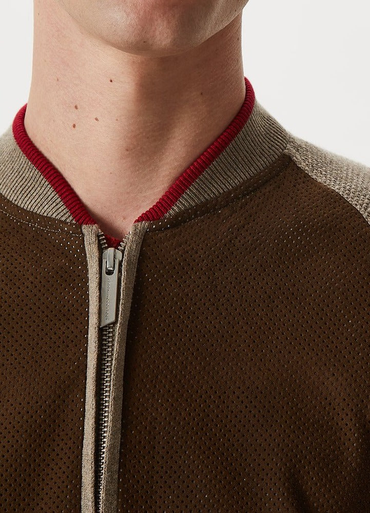 Men Jersey | Brown/Ecru Varsity Jacket With Suedette Front by Spanish designer Adolfo Dominguez