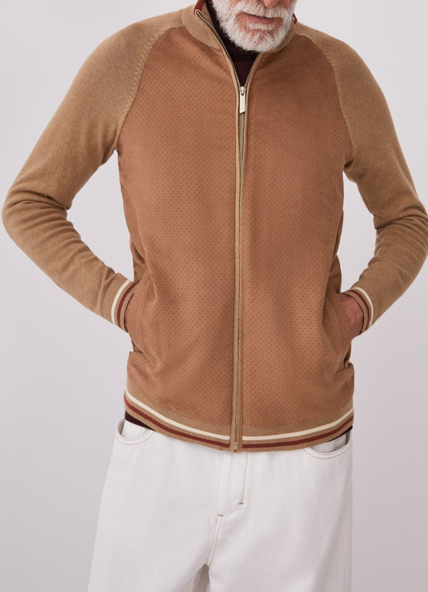 Men Knit Jacket | Camel Cardigan With Suedette Front by Spanish designer Adolfo Dominguez