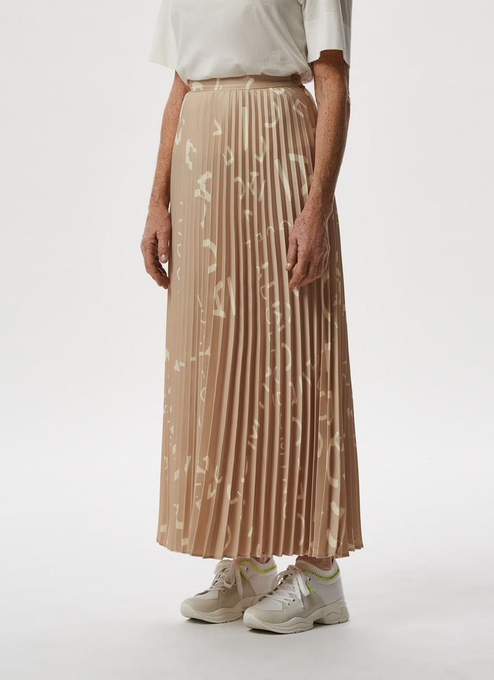 Women Skirt | Camel Stamped Pleated Skirt With Logo Print by Spanish designer Adolfo Dominguez