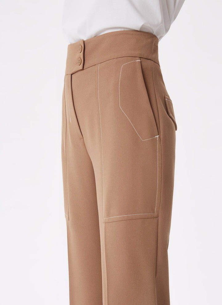 Women Trousers | Camel Straight Trousers With Visible Stitching by Spanish designer Adolfo Dominguez