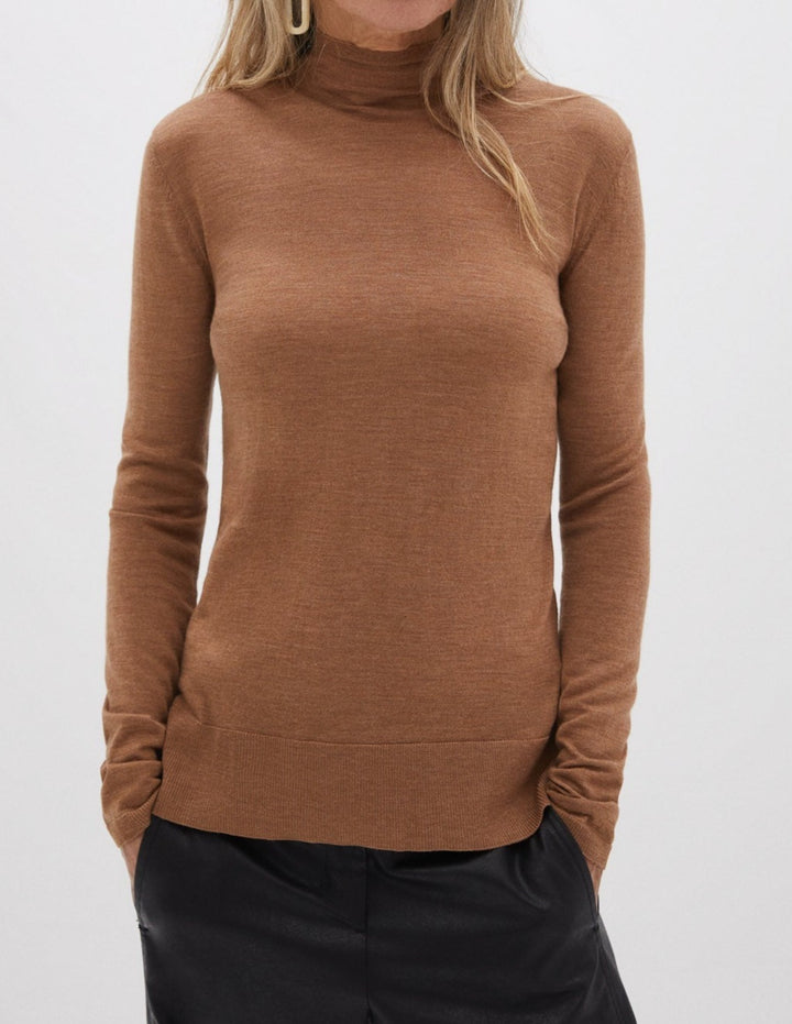 Women Jersey | Camel Turtleneck Merino Wool Sweater by Spanish designer Adolfo Dominguez