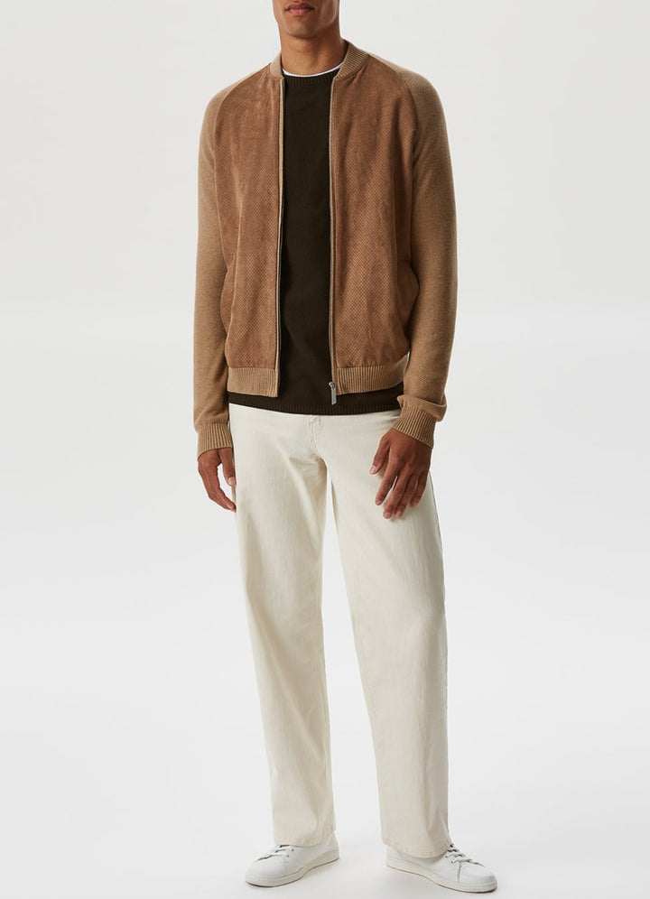 Men Knit Jacket | Camel Varsity Jacket With Suedette Front by Spanish designer Adolfo Dominguez