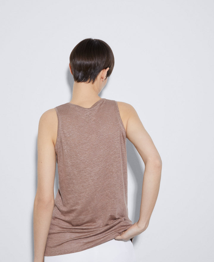 Women T-Shirt (Short Sleeve) | Chesnut Brown Linen Tank Top by Spanish designer Adolfo Dominguez