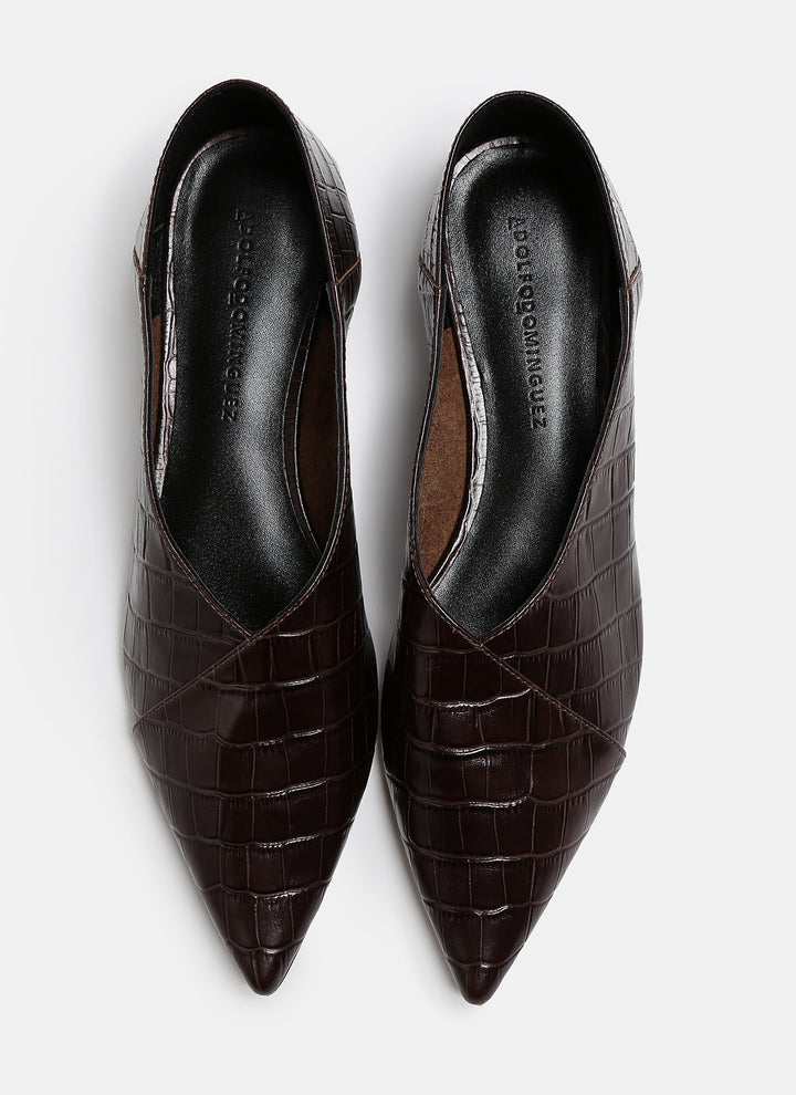 Women Shoes | Chocolate Croc Embossed Leather Slippers by Spanish designer Adolfo Dominguez