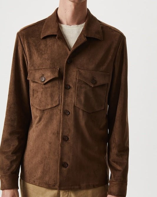 Men Structured Jacket | Dark Brown Elastic Eco Leather Overshirt by Spanish designer Adolfo Dominguez