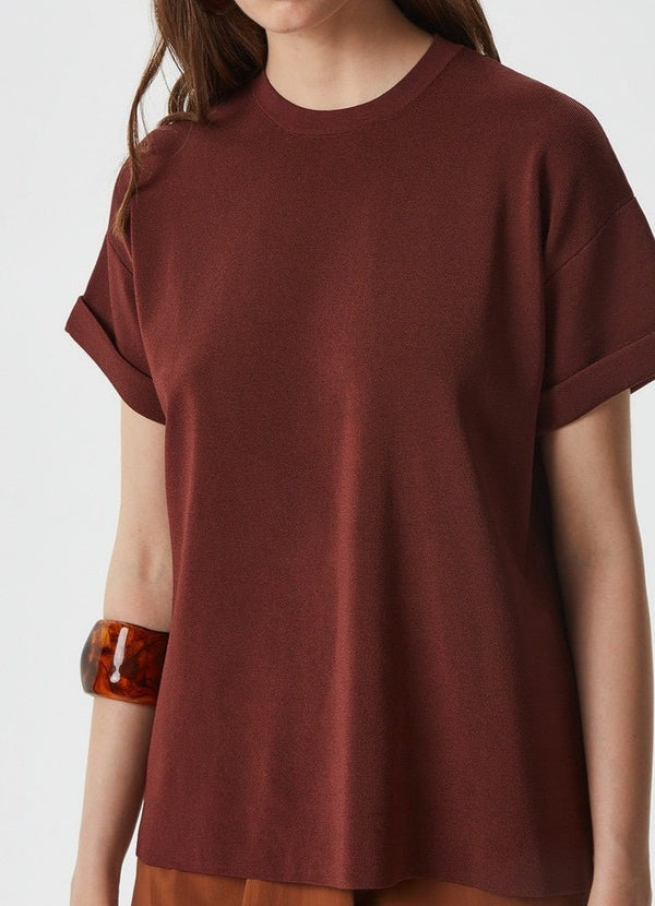 Women Jersey | Dark Brown Viscose Short Sleeve Sweatshirt by Spanish designer Adolfo Dominguez