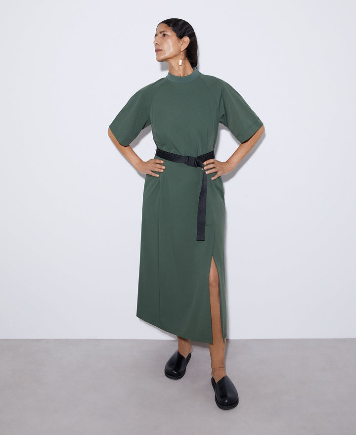 Women Dress | Dark Green Maxi Dress In Recycled Nylon by Spanish designer Adolfo Dominguez